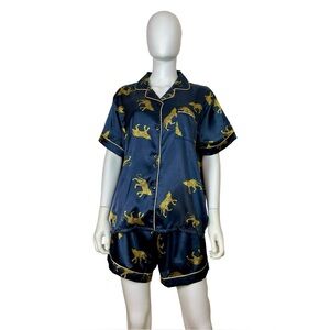 Midnight Luxe Blue Satin Leopard Pajama Set – Sleek, Chic, and Wildly Stylish